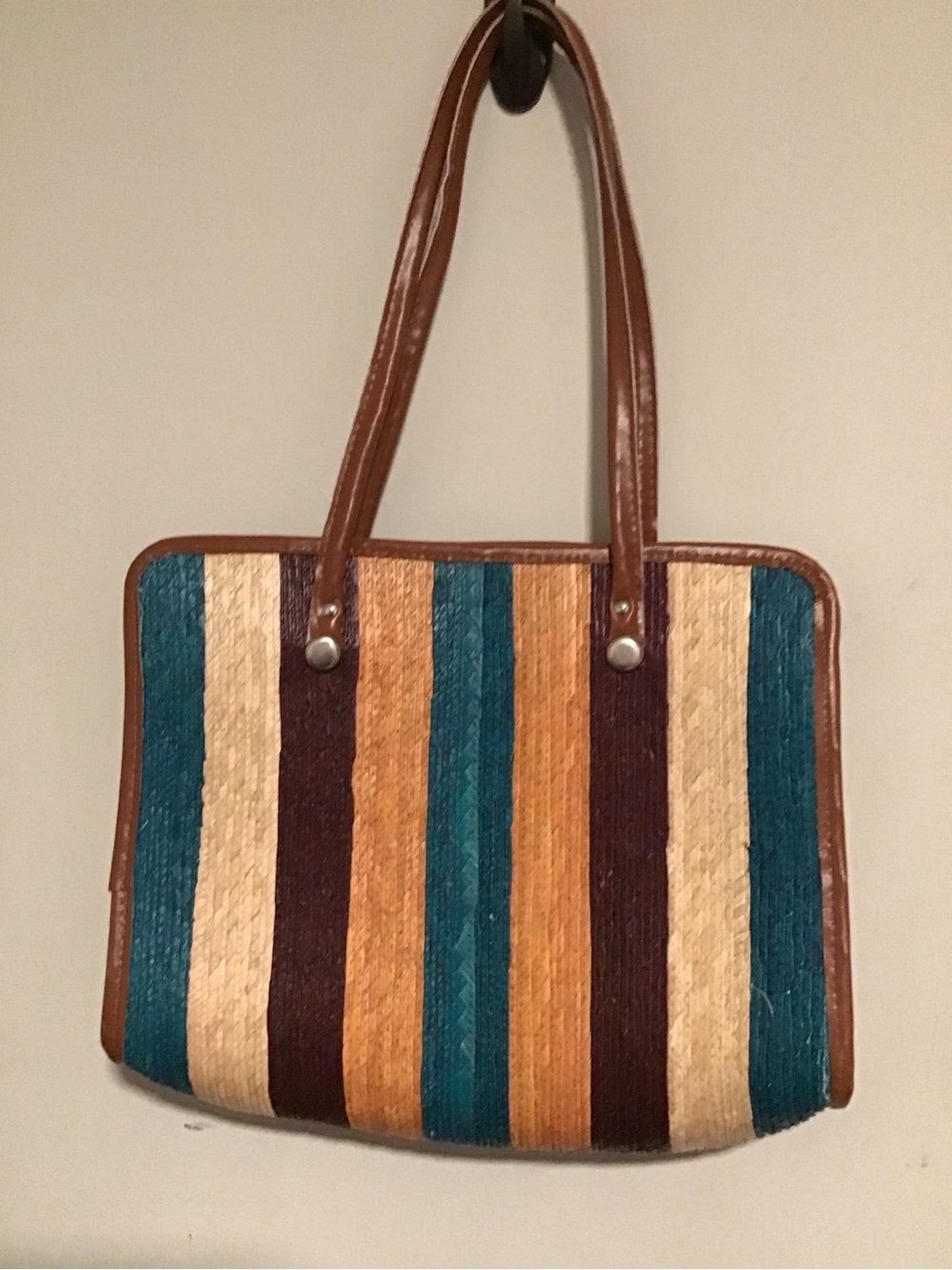 Striped Multicolor Tote Bag with Brown Trim - Picture 4 of 4